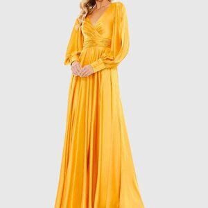 Mac Duggal 67847 Yellow Split Bishop Sleeve Wrap Over Flowy Gown Size 16